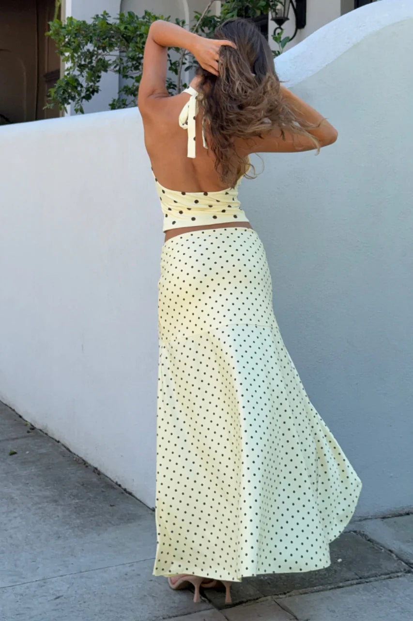 MELODY HALTER COWL TOP - LEMON/CHOC POLKA