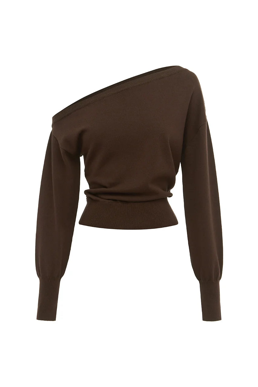 HEATHER OFF SHOULDER KNIT TOP - CHOCOLATE