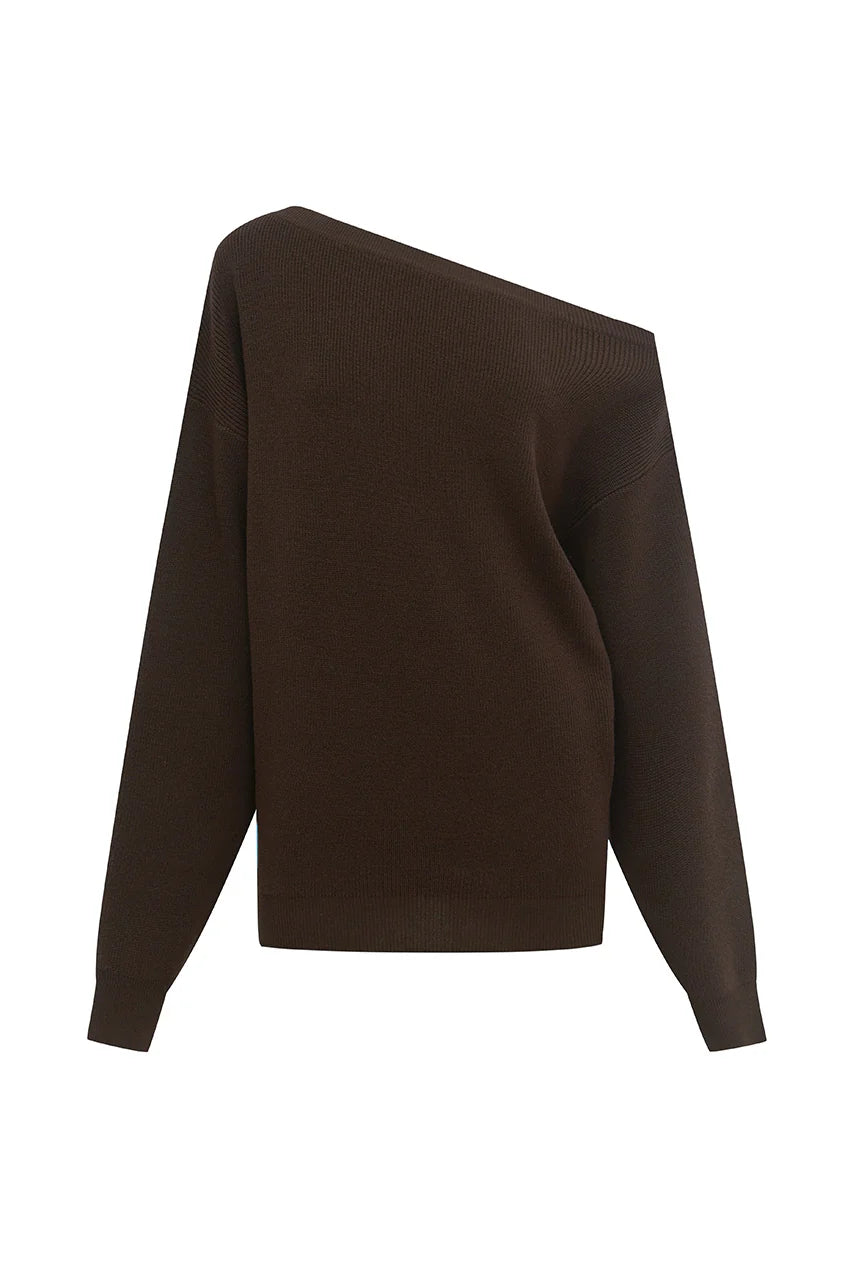 DIONNE OFF SHOULDER KNIT SWEATER - CHOCOLATE
