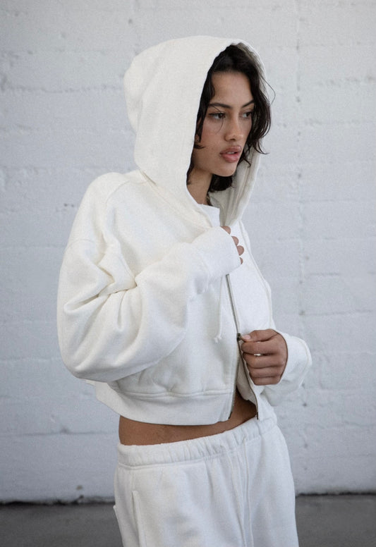 ELWOOD BABYDOLL CROP ZIP HOODIE VINTAGE WHITE