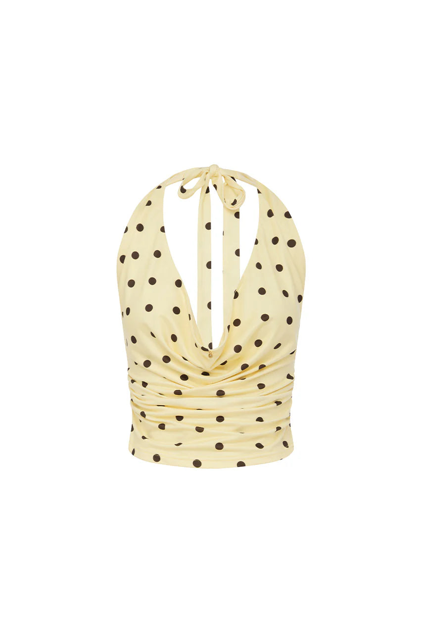 MELODY HALTER COWL TOP - LEMON/CHOC POLKA