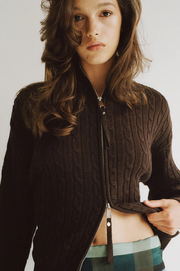 FRANKIES BEA CABLE KNIT ZIP UP SWEATER