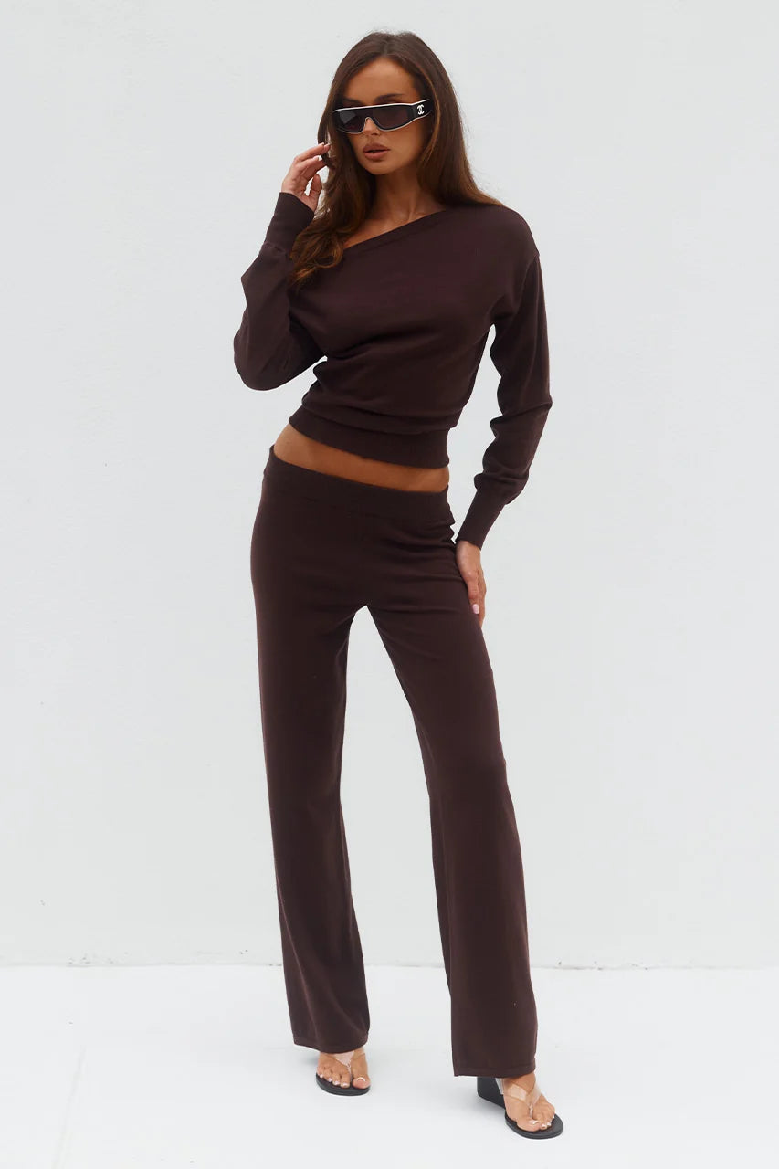 HEATHER WIDE LEG KNIT PANT - CHOCOLATE