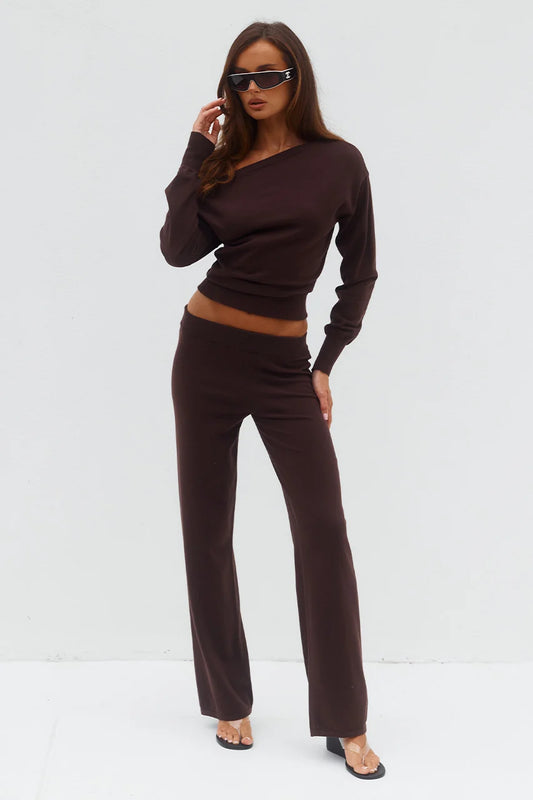 HEATHER WIDE LEG KNIT PANT - CHOCOLATE