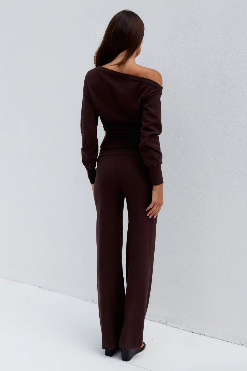 HEATHER WIDE LEG KNIT PANT - CHOCOLATE
