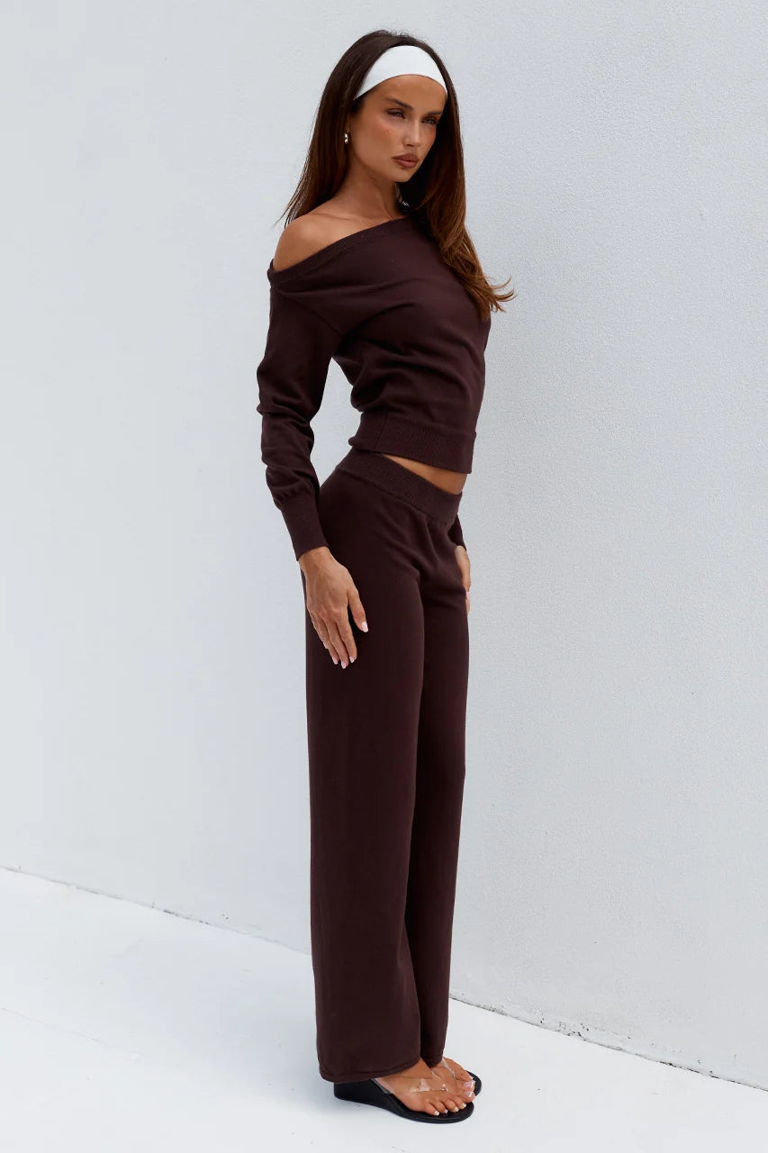 HEATHER WIDE LEG KNIT PANT - CHOCOLATE