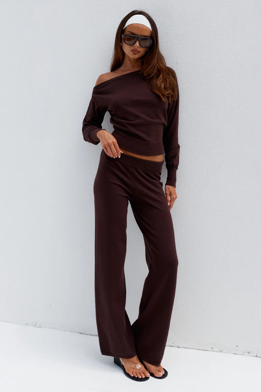 HEATHER WIDE LEG KNIT PANT - CHOCOLATE