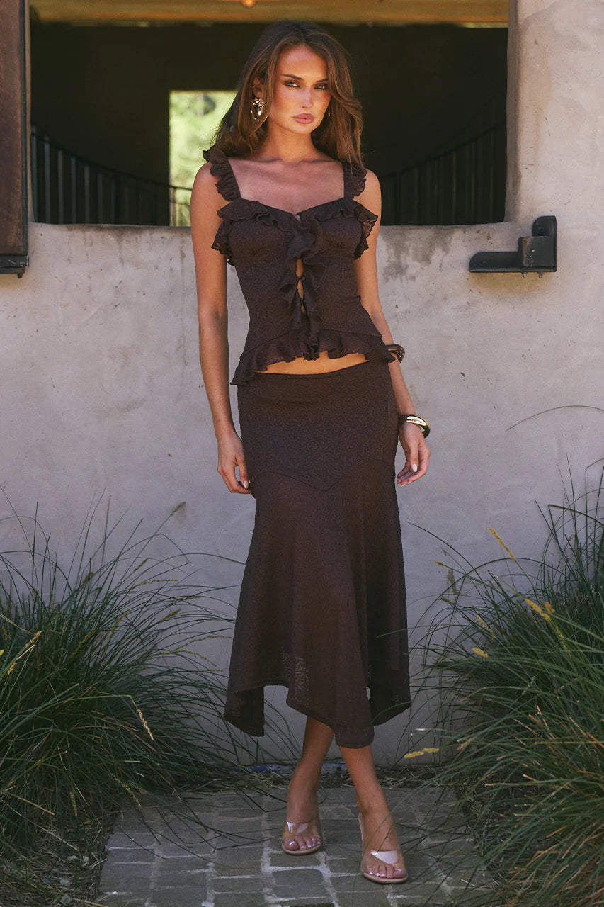 ROXELLE HANDKERCHIEF MIDI SKIRT - BITTER CHOCOLATE