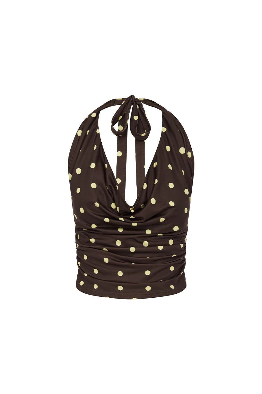 MELODY HALTER COWL TOP - CHOC/LEMON POLKA