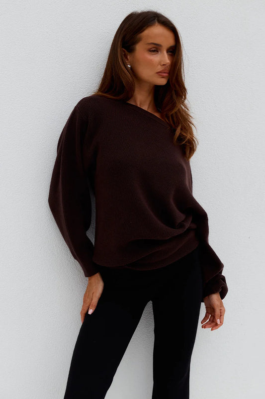 DIONNE OFF SHOULDER KNIT SWEATER - CHOCOLATE