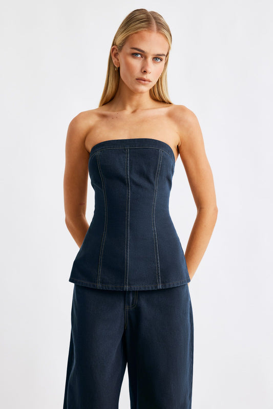 SNDYS LEX DENIM CORSET TOP - INDIGO BLUE