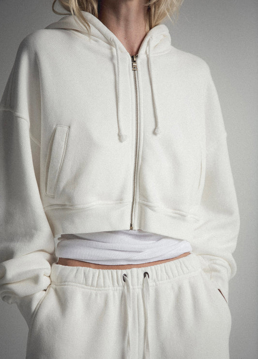 ELWOOD BABYDOLL CROP ZIP HOODIE - VINTAGE WHITE