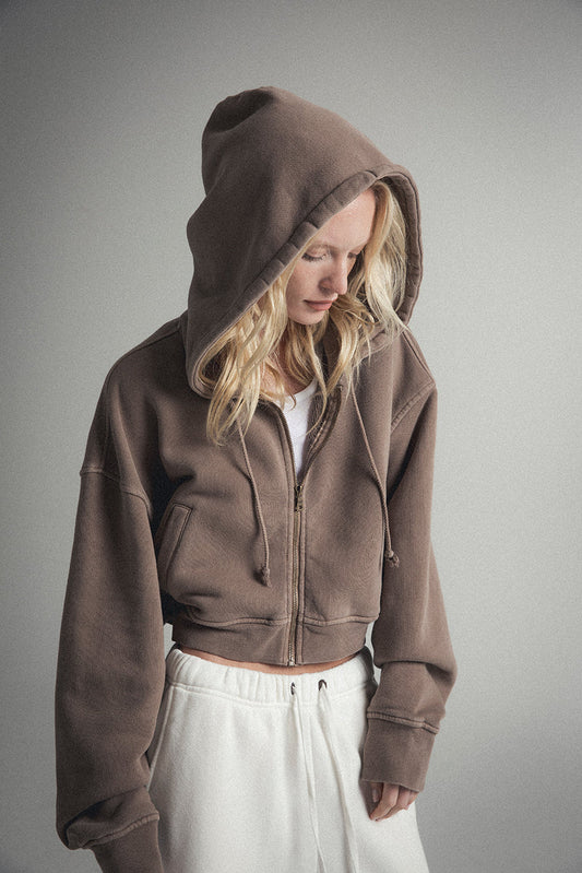 ELWOOD BABYDOLL CROP ZIP HOODIE - VINTAGE BROWN